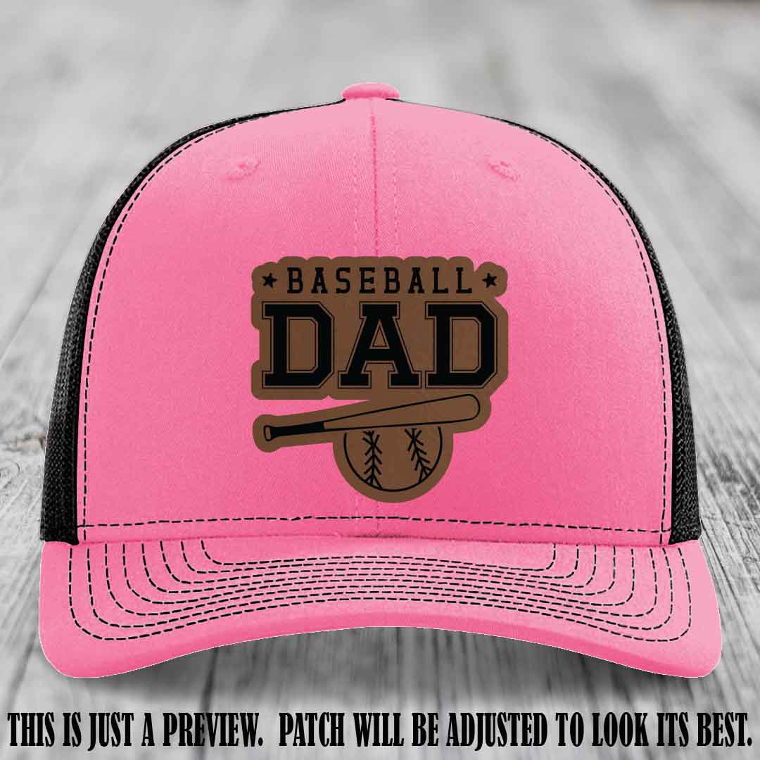 Baseball Dad Dark Brown to Black Patch Leather patch on Hot Pink to Black Hat Richardson 112