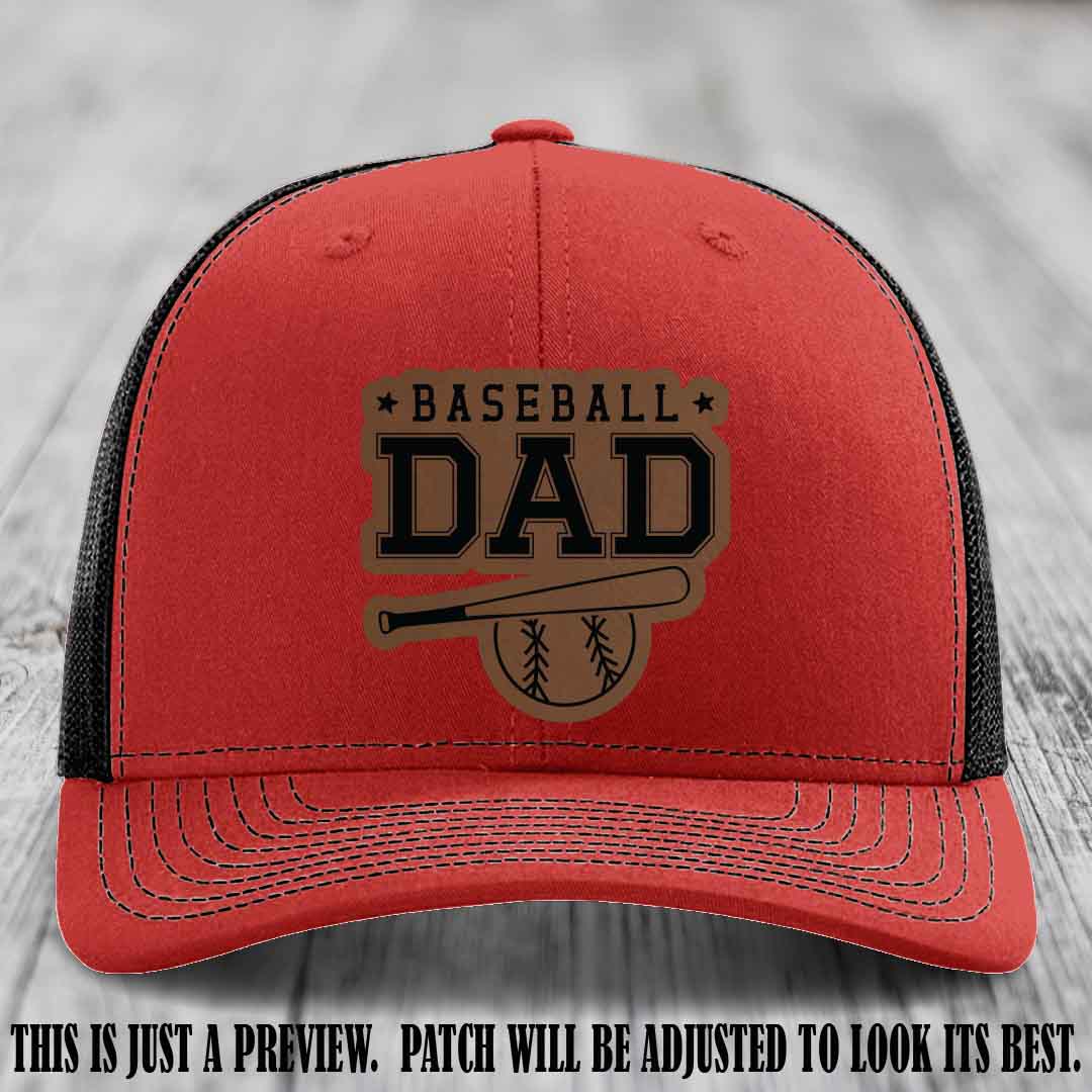 Baseball Dad Dark Brown to Black Patch Leather patch on Red to Black Hat Richardson 112
