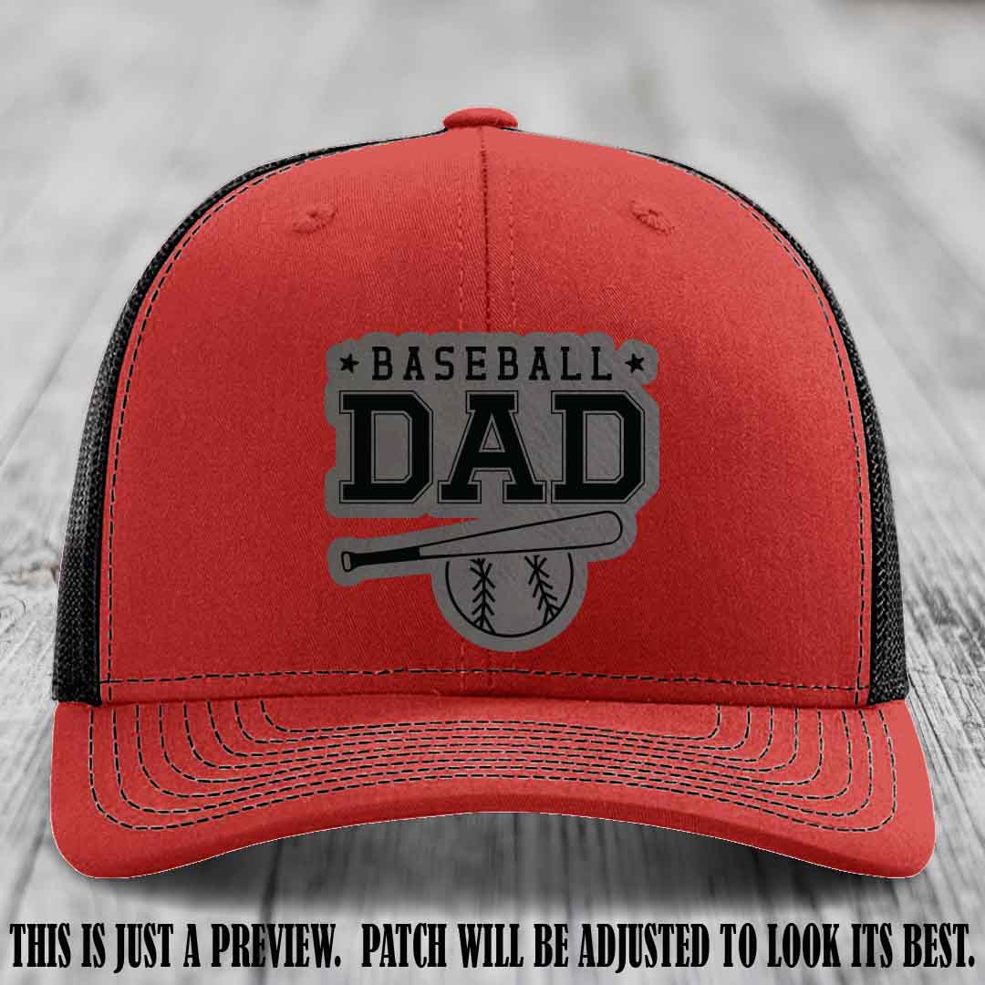 Baseball Dad Grey to Black Patch Leather patch on Red to Black Hat Richardson 112