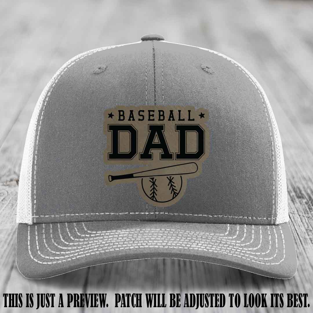 Baseball Dad Light Brown to Black Patch Leather patch on Heather Grey to White Hat Richardson 112
