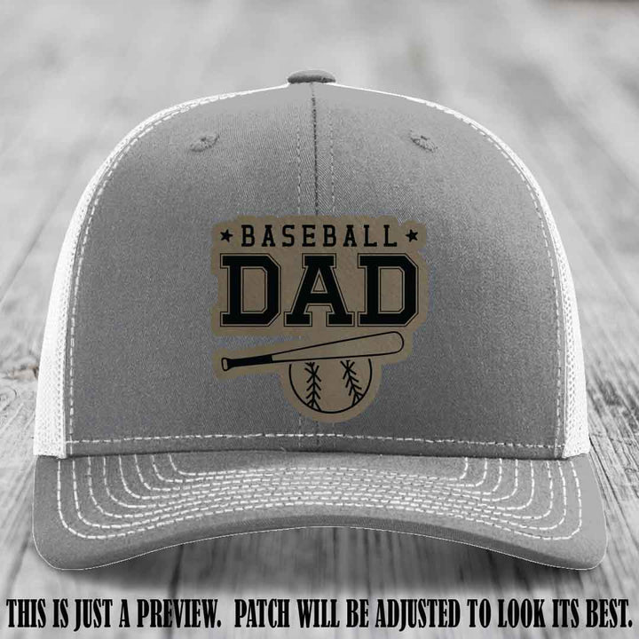 Baseball Dad Light Brown to Black Patch Leather patch on Heather Grey to White Hat Richardson 112
