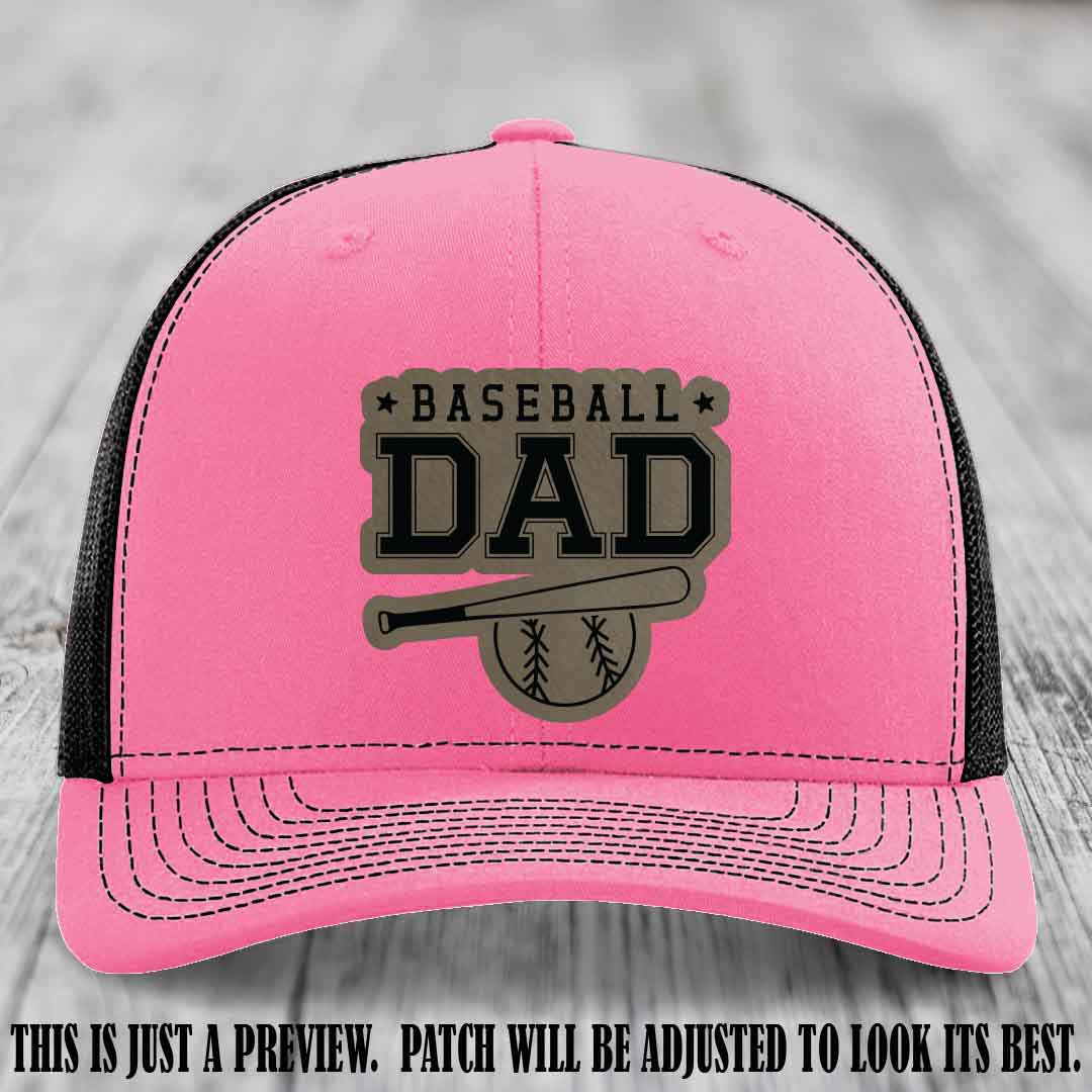 Baseball Dad Light Brown to Black Patch Leather patch on Hot Pink to Black Hat Richardson 112