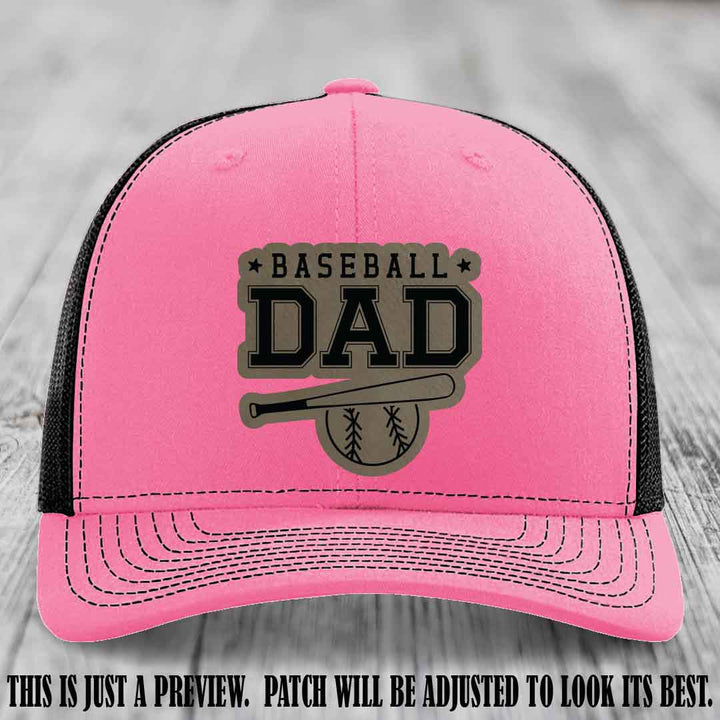 Baseball Dad Light Brown to Black Patch Leather patch on Hot Pink to Black Hat Richardson 112