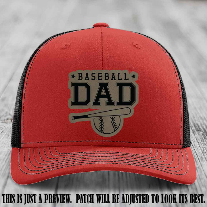 Baseball Dad Light Brown to Black Patch Leather patch on Red to Black Hat Richardson 112