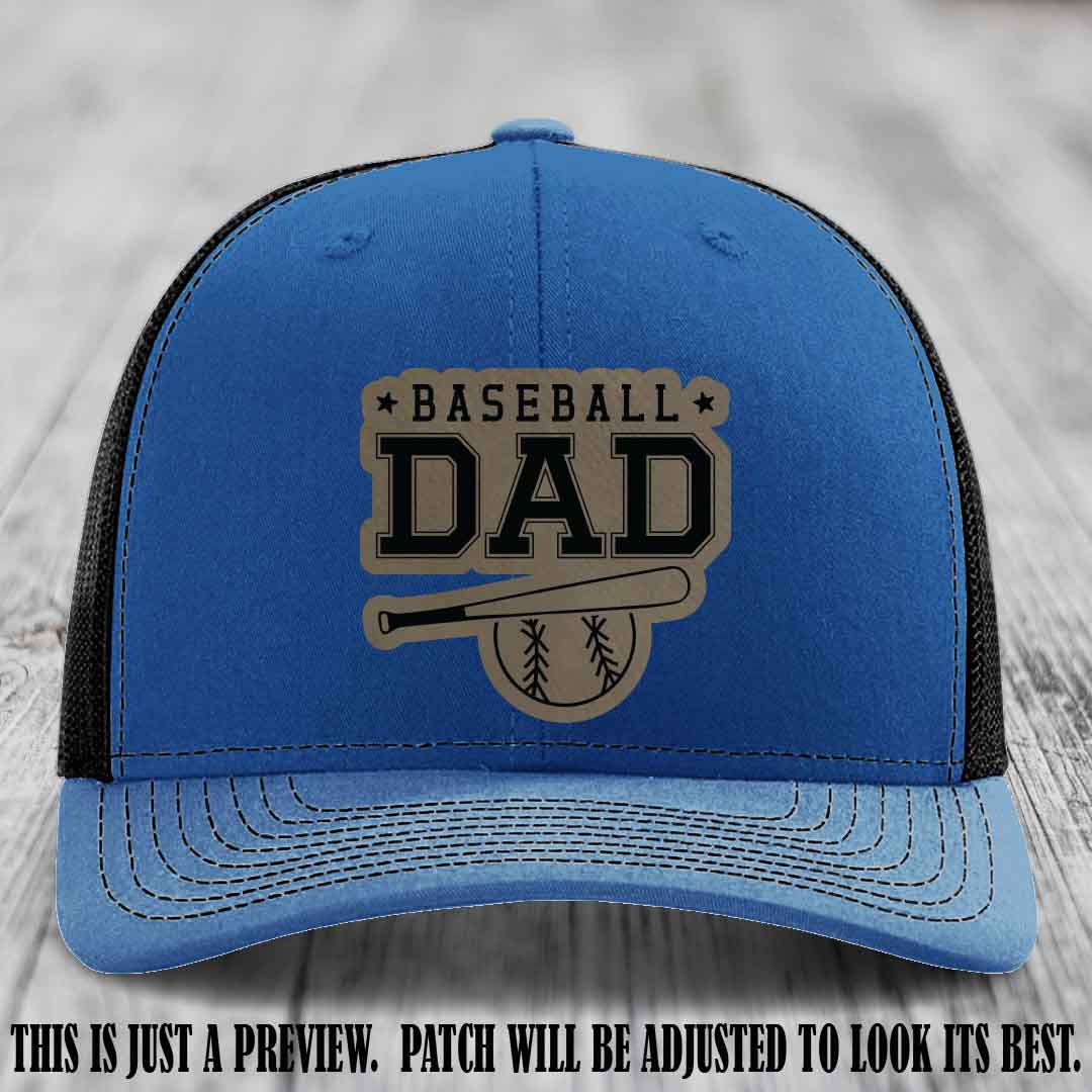 Baseball Dad Light Brown to Black Patch Leather patch on Royal to Black Hat Richardson 112