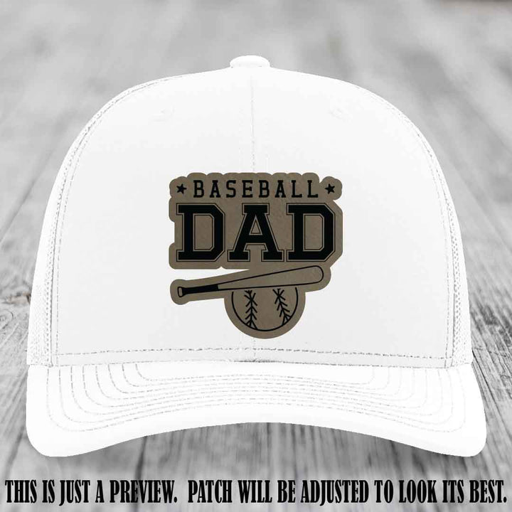 Baseball Dad Light Brown to Black Patch Leather patch on White Hat Richardson 112