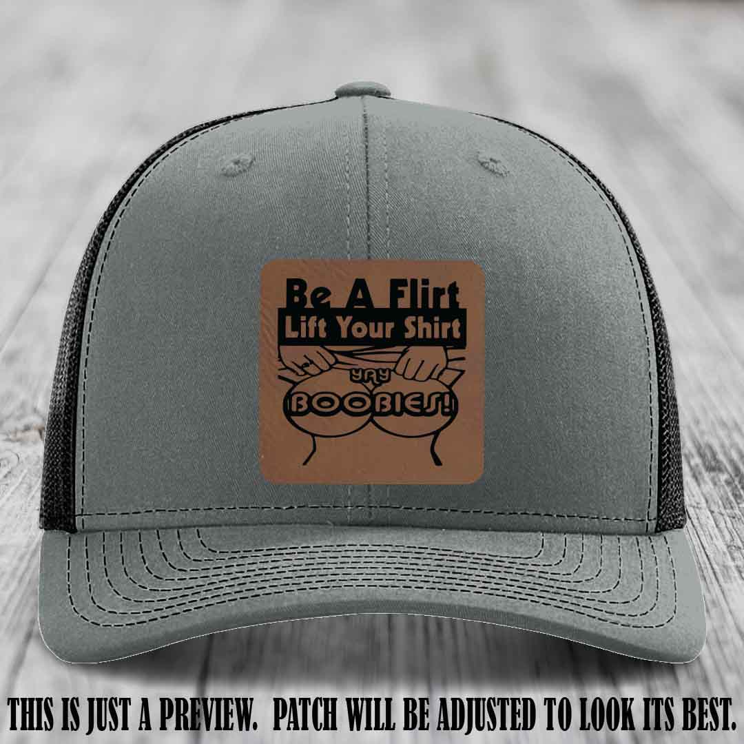 Be A Flirt Lift Your Shirt 🍈🍈 Richardson 112 Leather Patch Hat Dark Brown to Black on Heather Grey to Black Hat