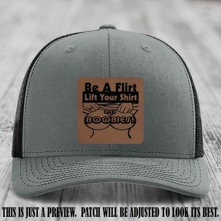 Be A Flirt Lift Your Shirt 🍈🍈 Richardson 112 Leather Patch Hat Dark Brown to Black on Heather Grey to Black Hat