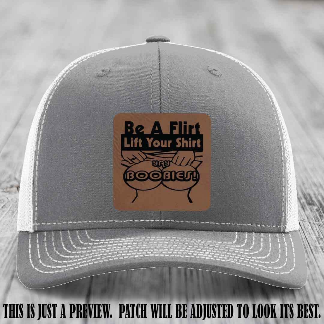 Be A Flirt Lift Your Shirt 🍈🍈 Richardson 112 Leather Patch Hat Dark Brown to Black on Heather Grey to White Hat