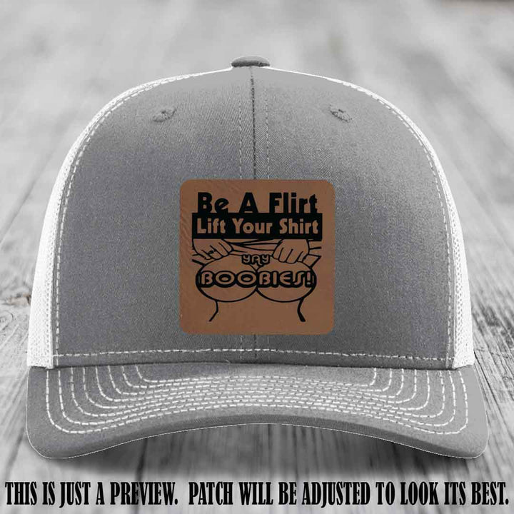 Be A Flirt Lift Your Shirt 🍈🍈 Richardson 112 Leather Patch Hat Dark Brown to Black on Heather Grey to White Hat