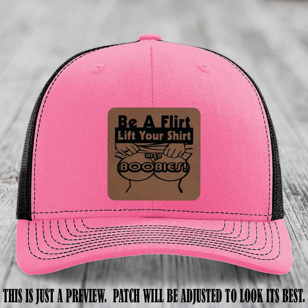 Be A Flirt Lift Your Shirt 🍈🍈 Richardson 112 Leather Patch Hat Dark Brown to Black on Hot Pink to Black Hat