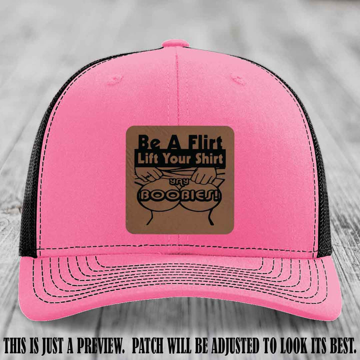Be A Flirt Lift Your Shirt 🍈🍈 Richardson 112 Leather Patch Hat Dark Brown to Black on Hot Pink to Black Hat