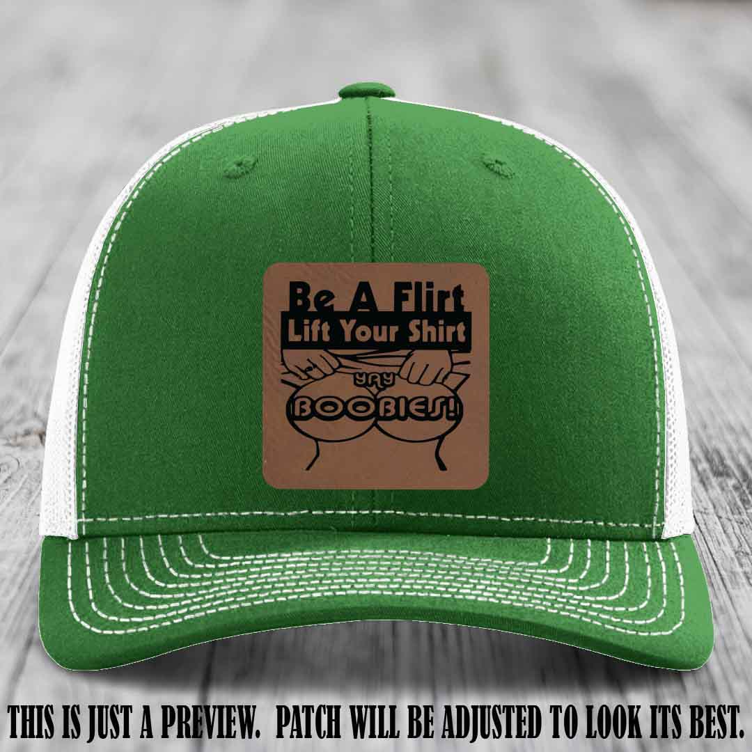 Be A Flirt Lift Your Shirt 🍈🍈 Richardson 112 Leather Patch Hat Dark Brown to Black on Kelly to White Hat