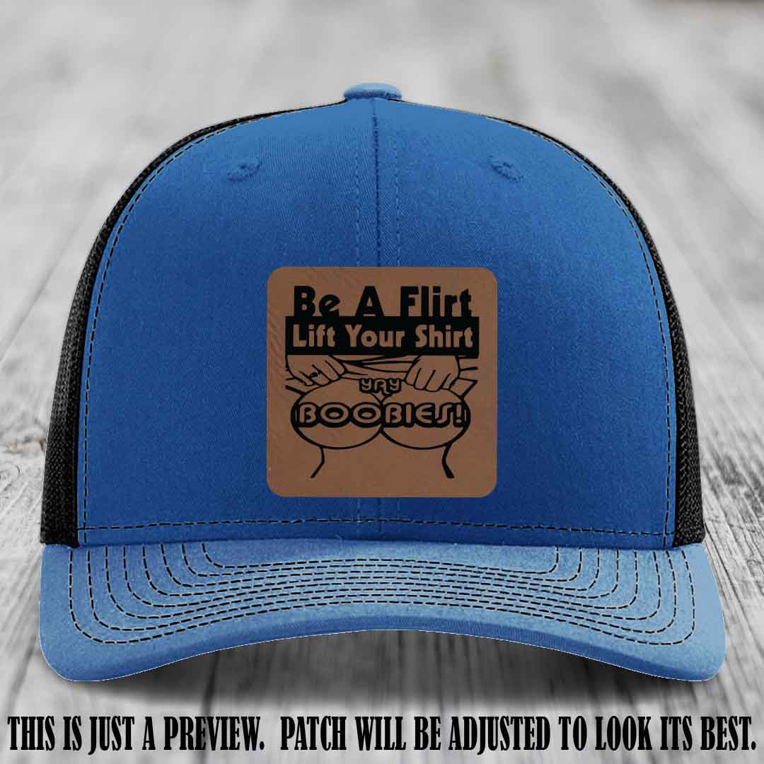 Be A Flirt Lift Your Shirt 🍈🍈 Richardson 112 Leather Patch Hat Dark Brown to Black on Royal to Black Hat