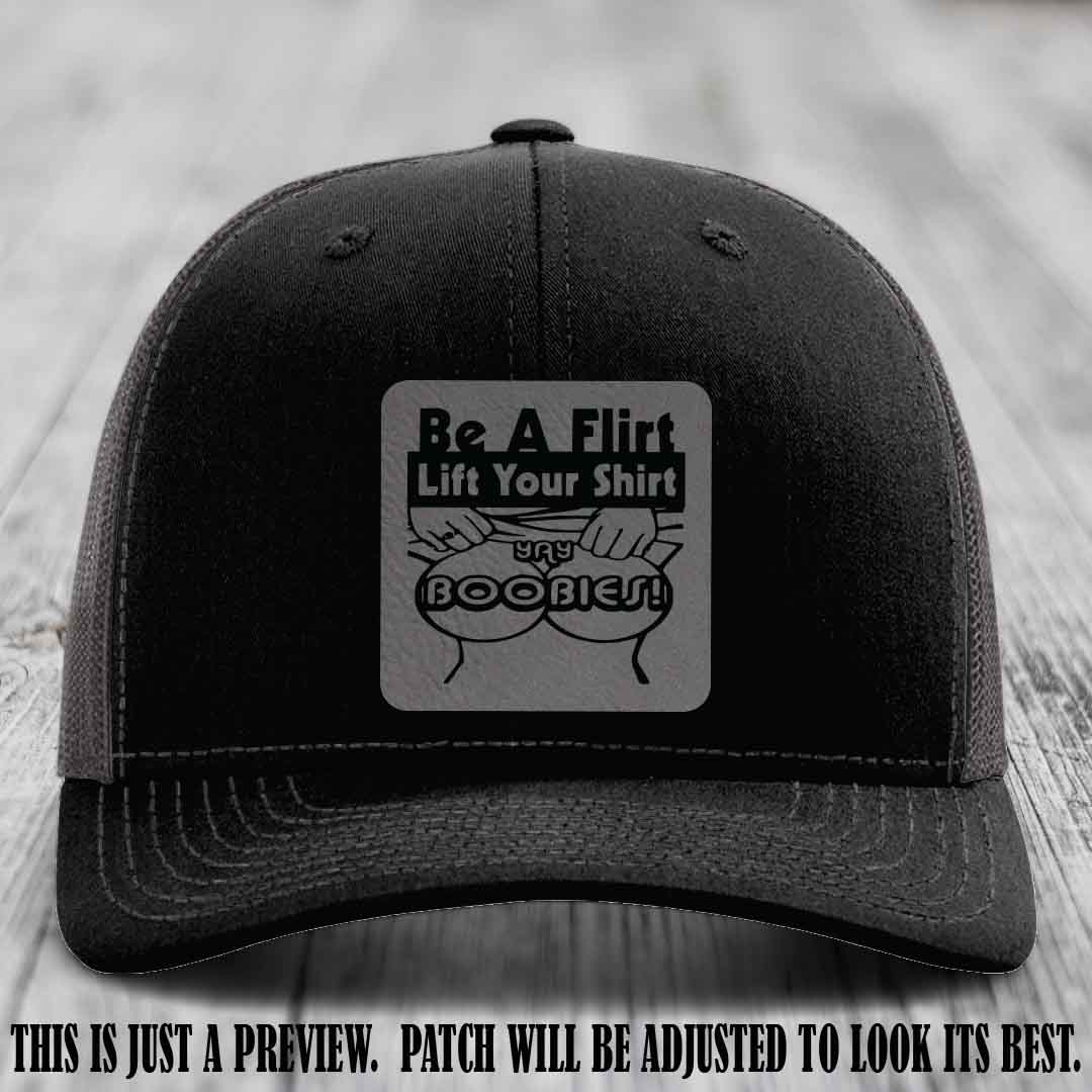 Be A Flirt Lift Your Shirt 🍈🍈 Richardson 112 Leather Patch Hat Grey to Black on Black to Charcoal Hat