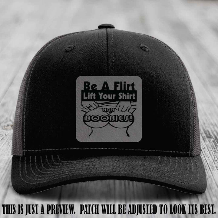 Be A Flirt Lift Your Shirt 🍈🍈 Richardson 112 Leather Patch Hat Grey to Black on Black to Charcoal Hat