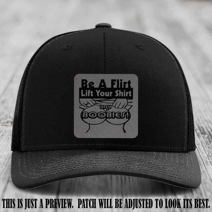 Be A Flirt Lift Your Shirt 🍈🍈 Richardson 112 Leather Patch Hat Grey to Black on Black Hat