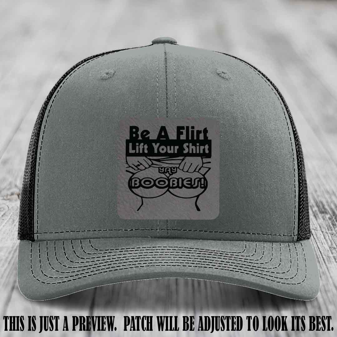 Be A Flirt Lift Your Shirt 🍈🍈 Richardson 112 Leather Patch Hat Grey to Black on Heather Grey to Black Hat