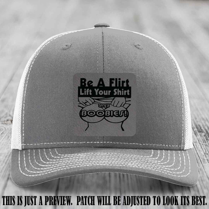 Be A Flirt Lift Your Shirt 🍈🍈 Richardson 112 Leather Patch Hat Grey to Black on Heather Grey to White Hat