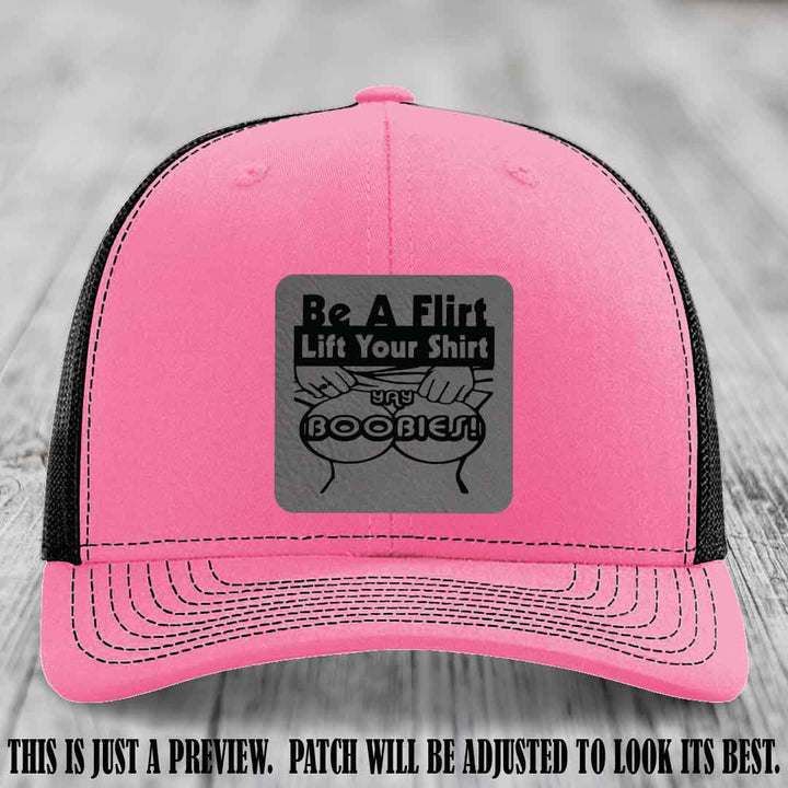 Be A Flirt Lift Your Shirt 🍈🍈 Richardson 112 Leather Patch Hat Grey to Black on Hot Pink to Black Hat