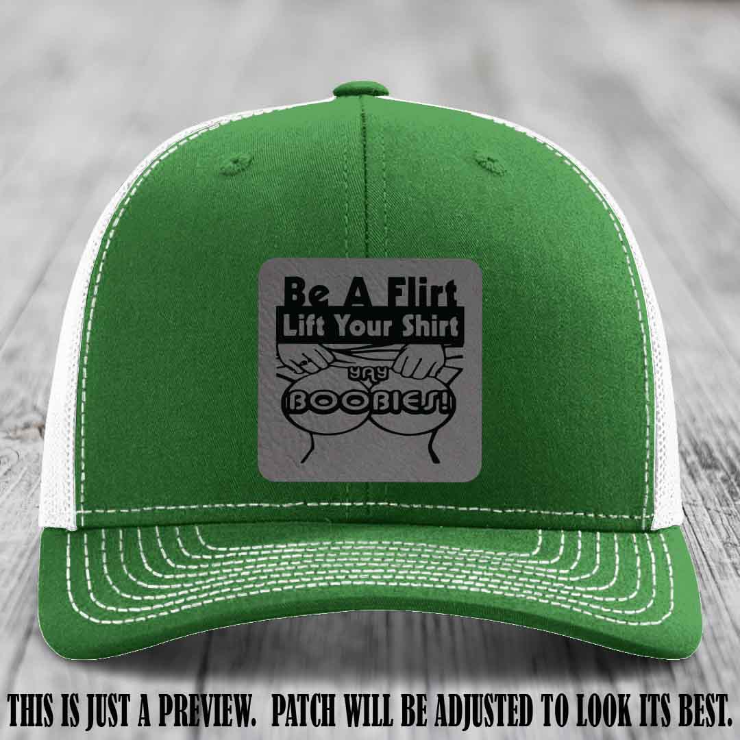 Be A Flirt Lift Your Shirt 🍈🍈 Richardson 112 Leather Patch Hat Grey to Black on Kelly to White Hat