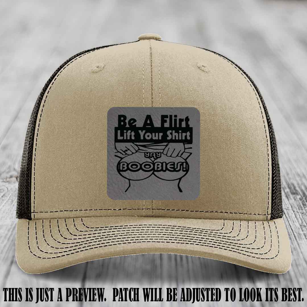 Be A Flirt Lift Your Shirt 🍈🍈 Richardson 112 Leather Patch Hat Grey to Black on Khaki to Coffee Hat