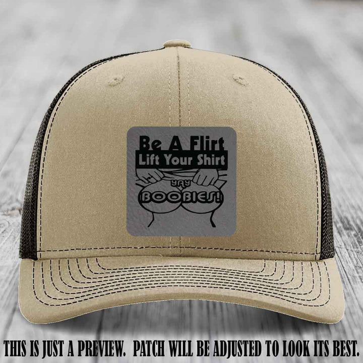 Be A Flirt Lift Your Shirt 🍈🍈 Richardson 112 Leather Patch Hat Grey to Black on Khaki to Coffee Hat