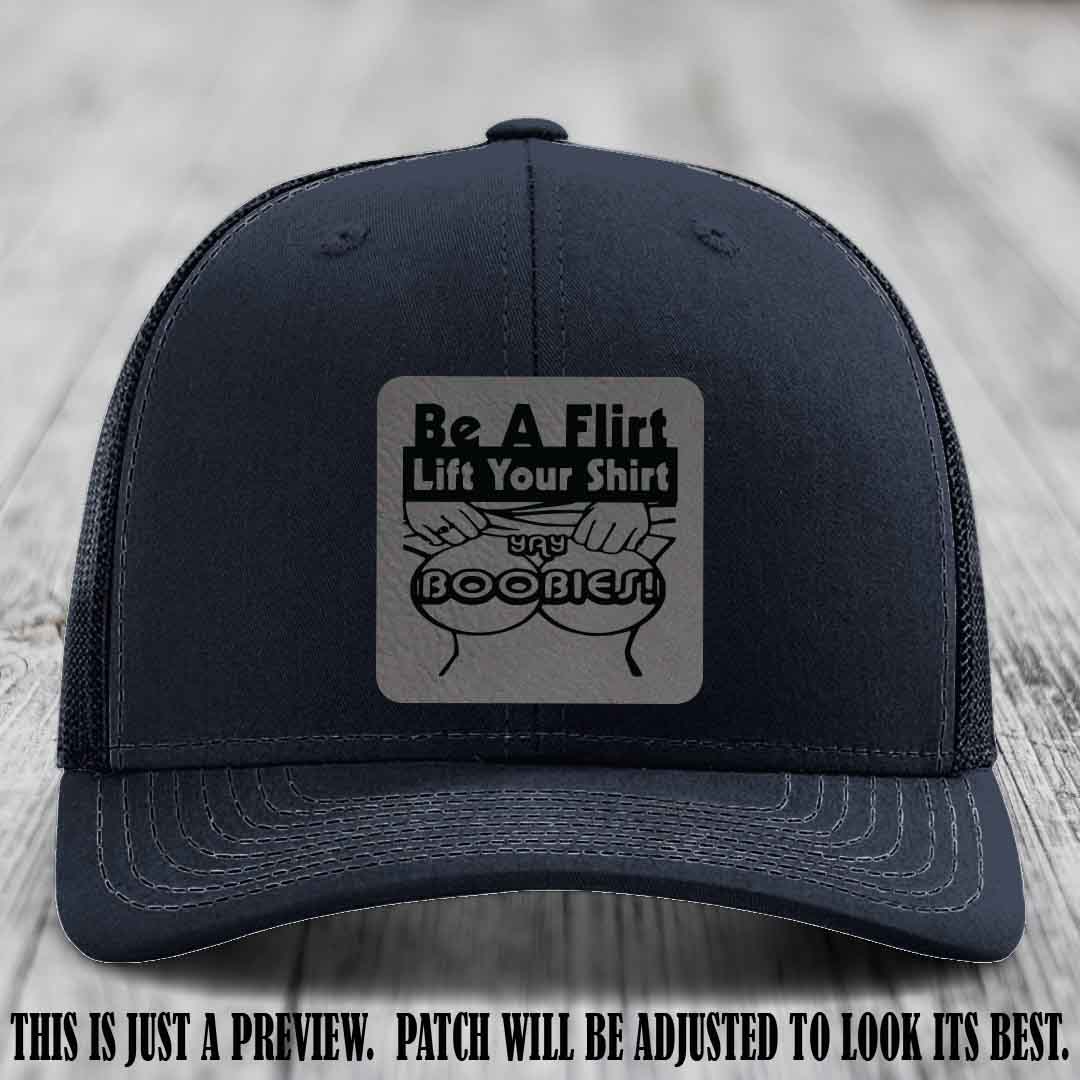 Be A Flirt Lift Your Shirt 🍈🍈 Richardson 112 Leather Patch Hat Grey to Black on Navy Hat