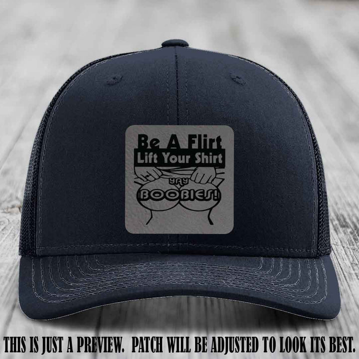 Be A Flirt Lift Your Shirt 🍈🍈 Richardson 112 Leather Patch Hat Grey to Black on Navy Hat