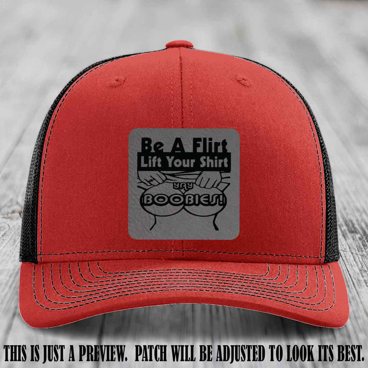 Be A Flirt Lift Your Shirt 🍈🍈 Richardson 112 Leather Patch Hat Grey to Black on Red to Black Hat