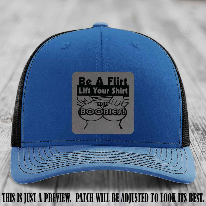 Be A Flirt Lift Your Shirt 🍈🍈 Richardson 112 Leather Patch Hat Grey to Black on Royal to Black Hat
