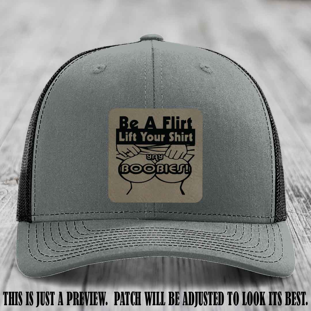 Be A Flirt Lift Your Shirt 🍈🍈 Richardson 112 Leather Patch Hat Light Brown to Black on Heather Grey to Black Hat