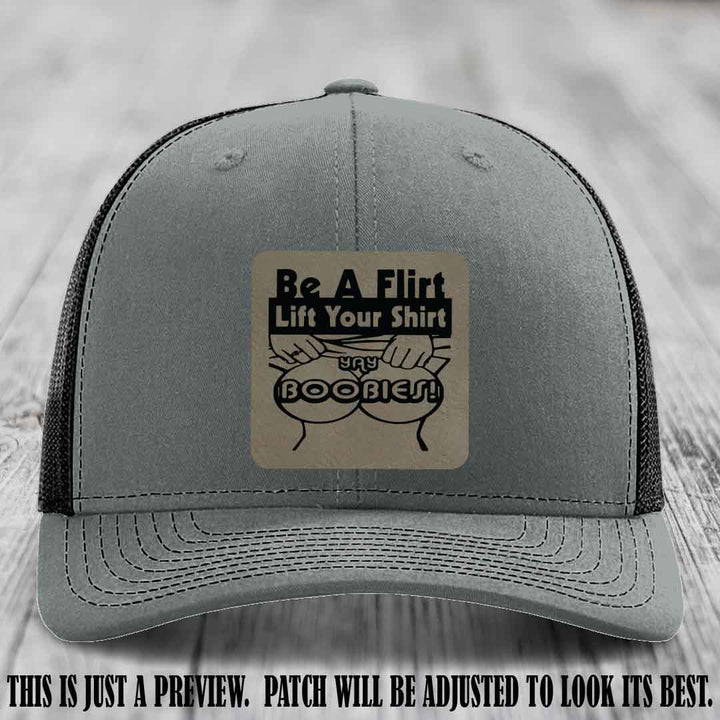 Be A Flirt Lift Your Shirt 🍈🍈 Richardson 112 Leather Patch Hat Light Brown to Black on Heather Grey to Black Hat