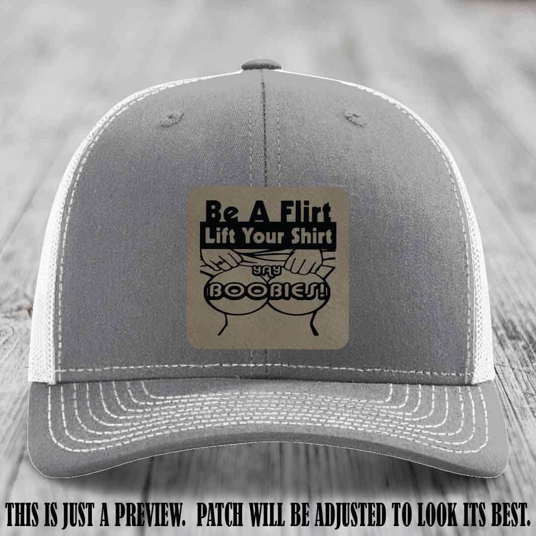Be A Flirt Lift Your Shirt 🍈🍈 Richardson 112 Leather Patch Hat Light Brown to Black on Heather Grey to White Hat