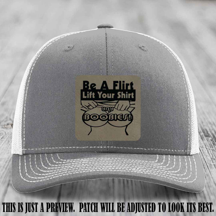 Be A Flirt Lift Your Shirt 🍈🍈 Richardson 112 Leather Patch Hat Light Brown to Black on Heather Grey to White Hat