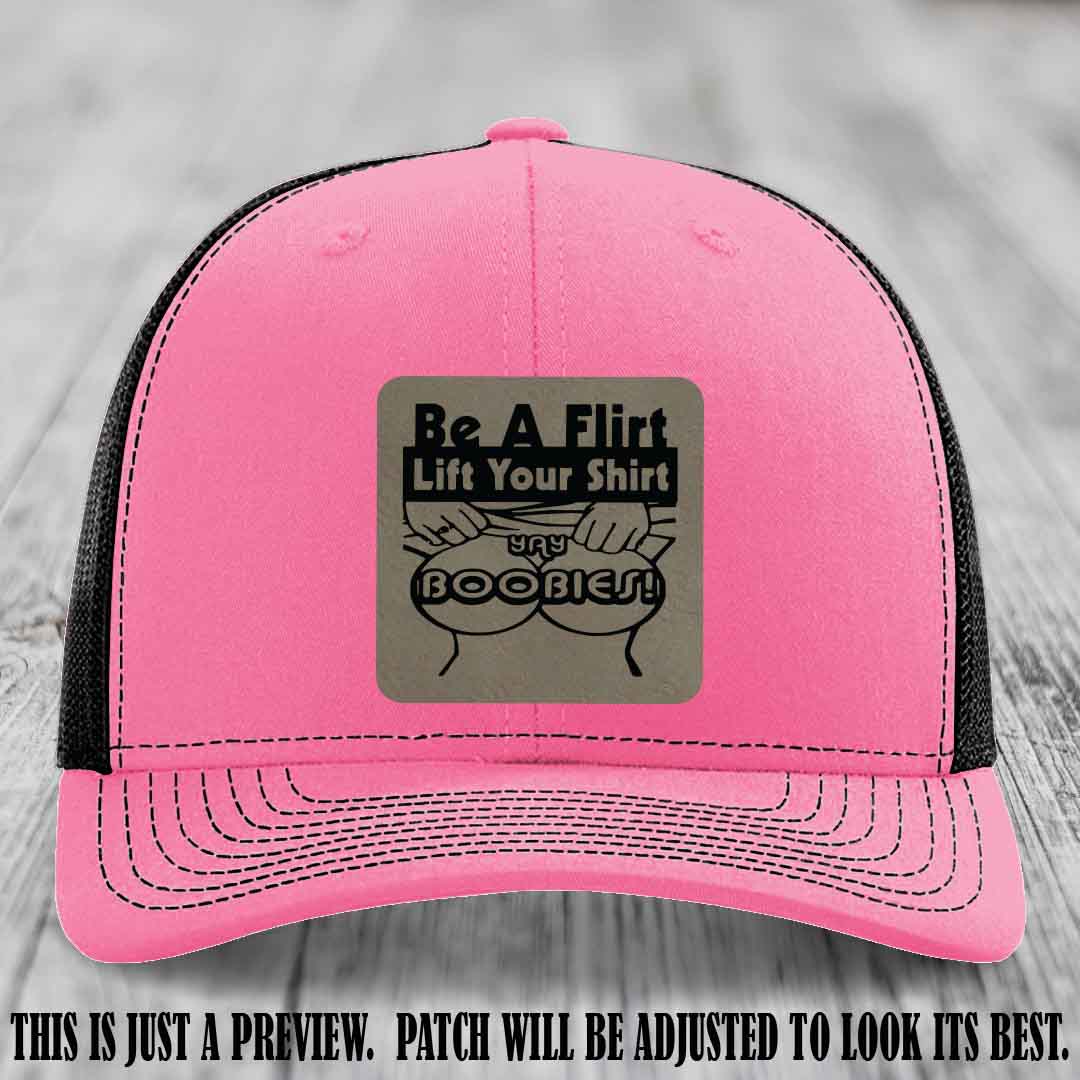 Be A Flirt Lift Your Shirt 🍈🍈 Richardson 112 Leather Patch Hat Light Brown to Black on Hot Pink to Black Hat