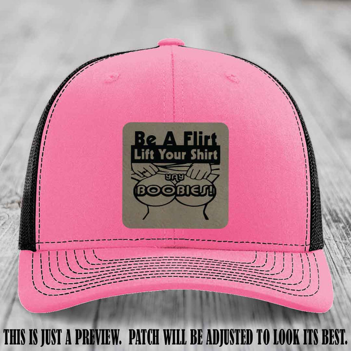 Be A Flirt Lift Your Shirt 🍈🍈 Richardson 112 Leather Patch Hat Light Brown to Black on Hot Pink to Black Hat