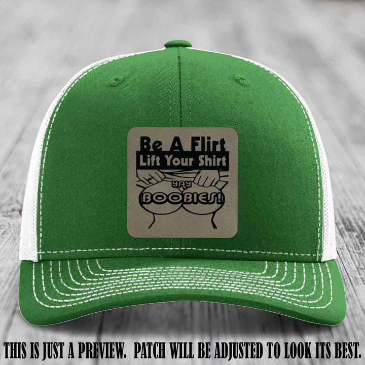 Be A Flirt Lift Your Shirt 🍈🍈 Richardson 112 Leather Patch Hat Light Brown to Black on Kelly to White Hat