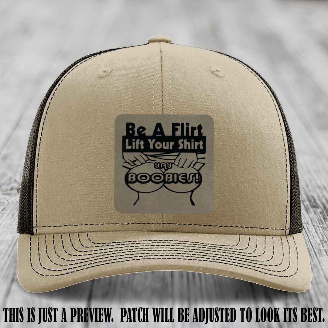 Be A Flirt Lift Your Shirt 🍈🍈 Richardson 112 Leather Patch Hat Light Brown to Black on Khaki to Coffee Hat