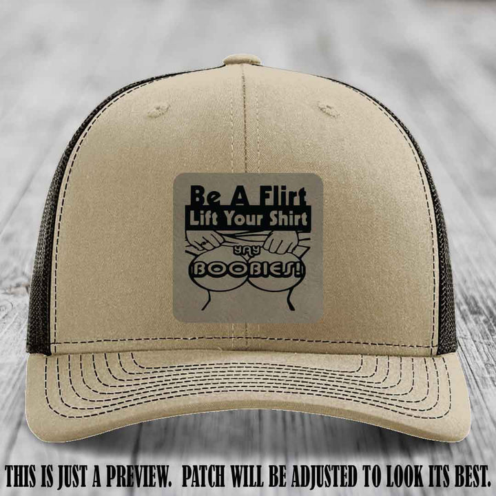 Be A Flirt Lift Your Shirt 🍈🍈 Richardson 112 Leather Patch Hat Light Brown to Black on Khaki to Coffee Hat