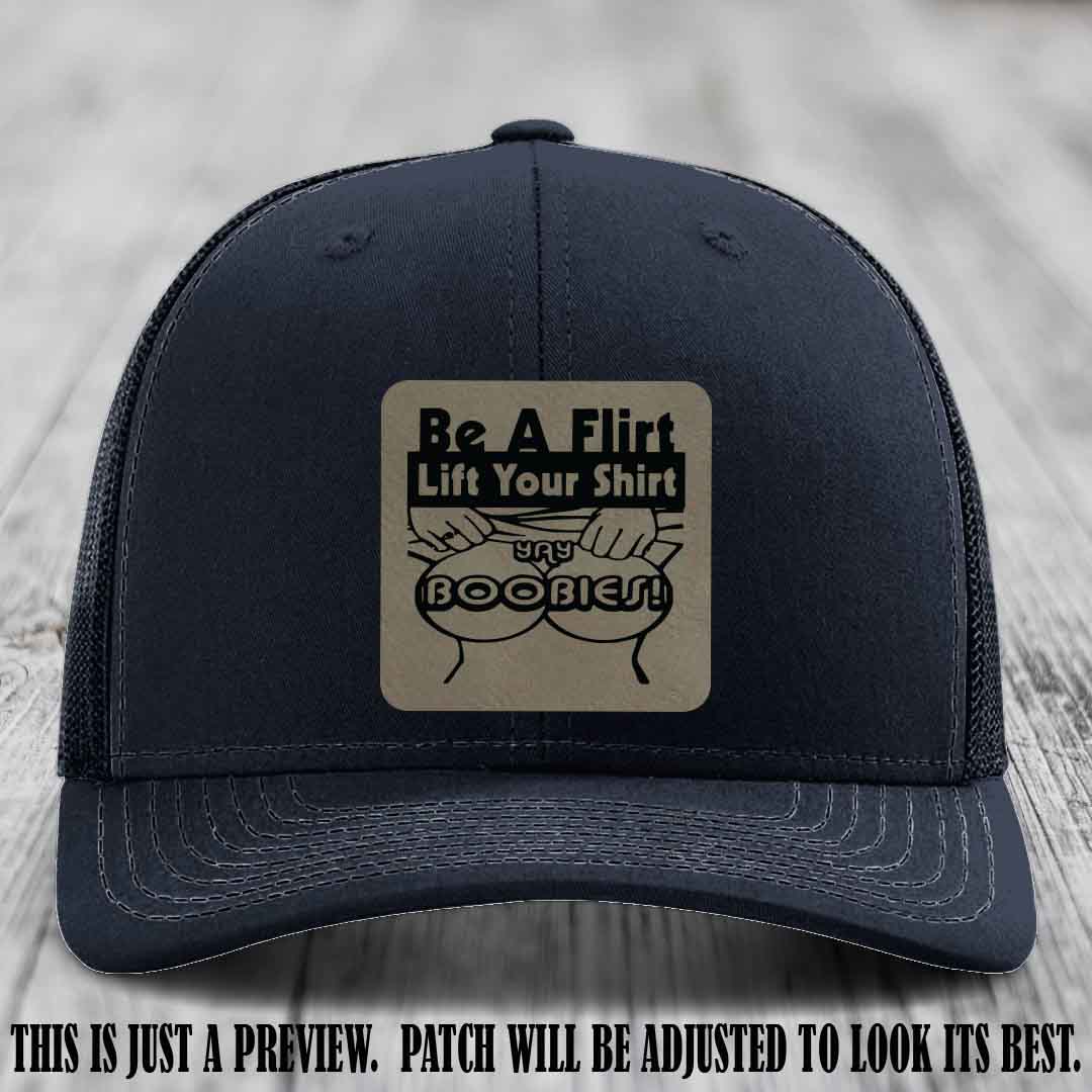 Be A Flirt Lift Your Shirt 🍈🍈 Richardson 112 Leather Patch Hat Light Brown to Black on Navy Hat