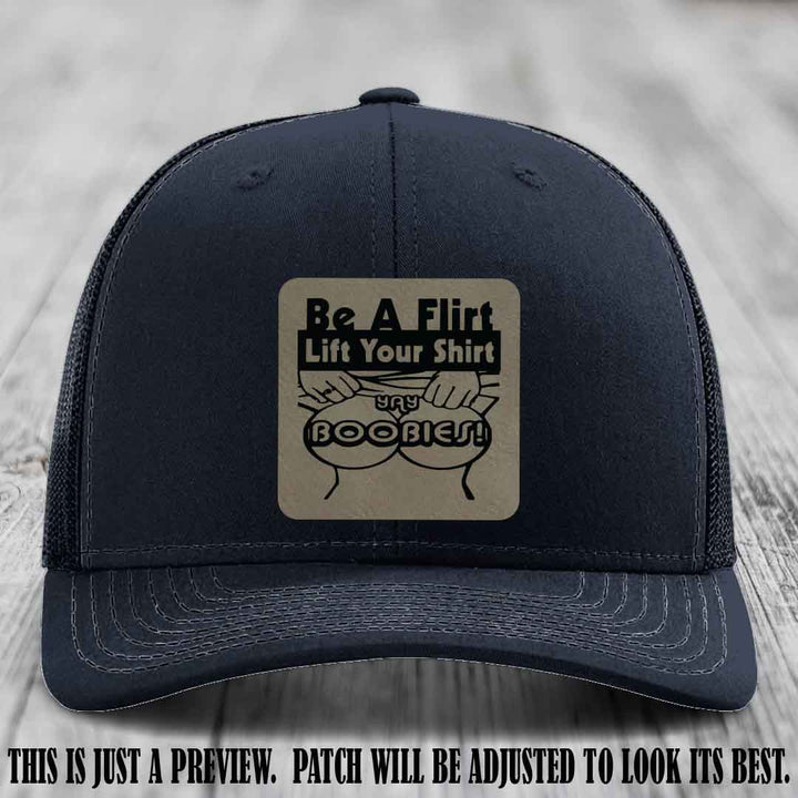 Be A Flirt Lift Your Shirt 🍈🍈 Richardson 112 Leather Patch Hat Light Brown to Black on Navy Hat