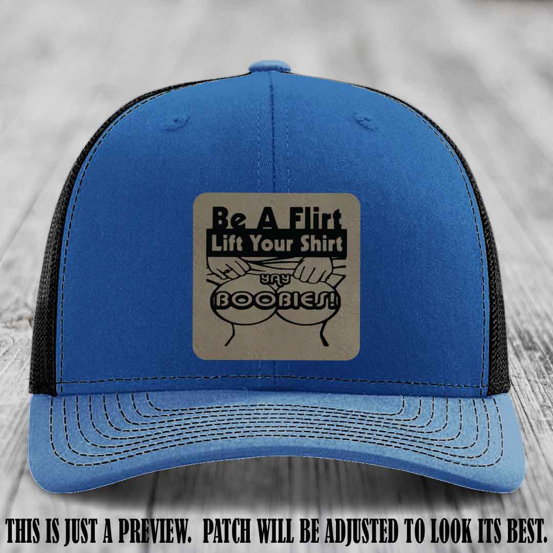 Be A Flirt Lift Your Shirt 🍈🍈 Richardson 112 Leather Patch Hat Light Brown to Black on Royal to Black Hat