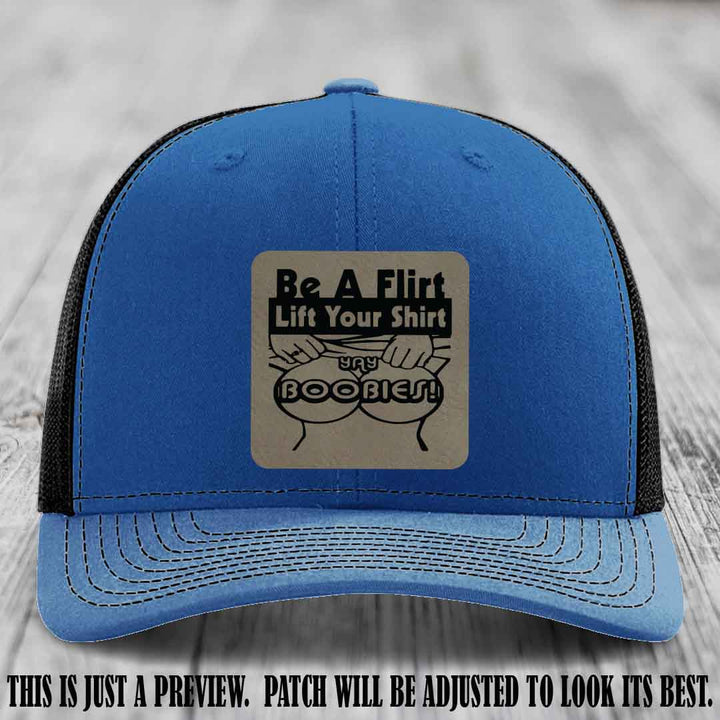 Be A Flirt Lift Your Shirt 🍈🍈 Richardson 112 Leather Patch Hat Light Brown to Black on Royal to Black Hat
