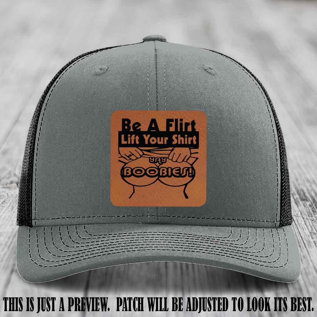 Be A Flirt Lift Your Shirt 🍈🍈 Richardson 112 Leather Patch Hat Rawhide to Black on Heather Grey to Black Hat