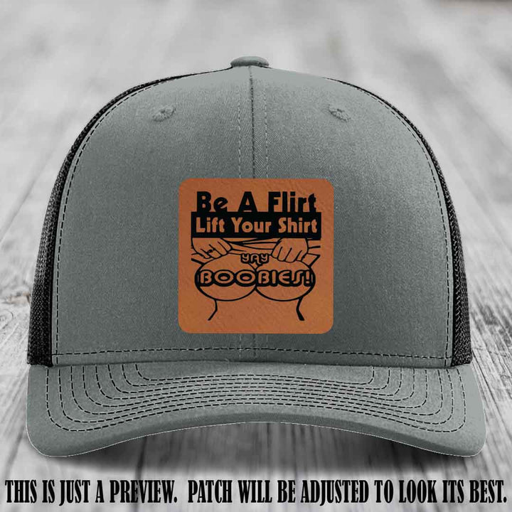 Be A Flirt Lift Your Shirt 🍈🍈 Richardson 112 Leather Patch Hat Rawhide to Black on Heather Grey to Black Hat