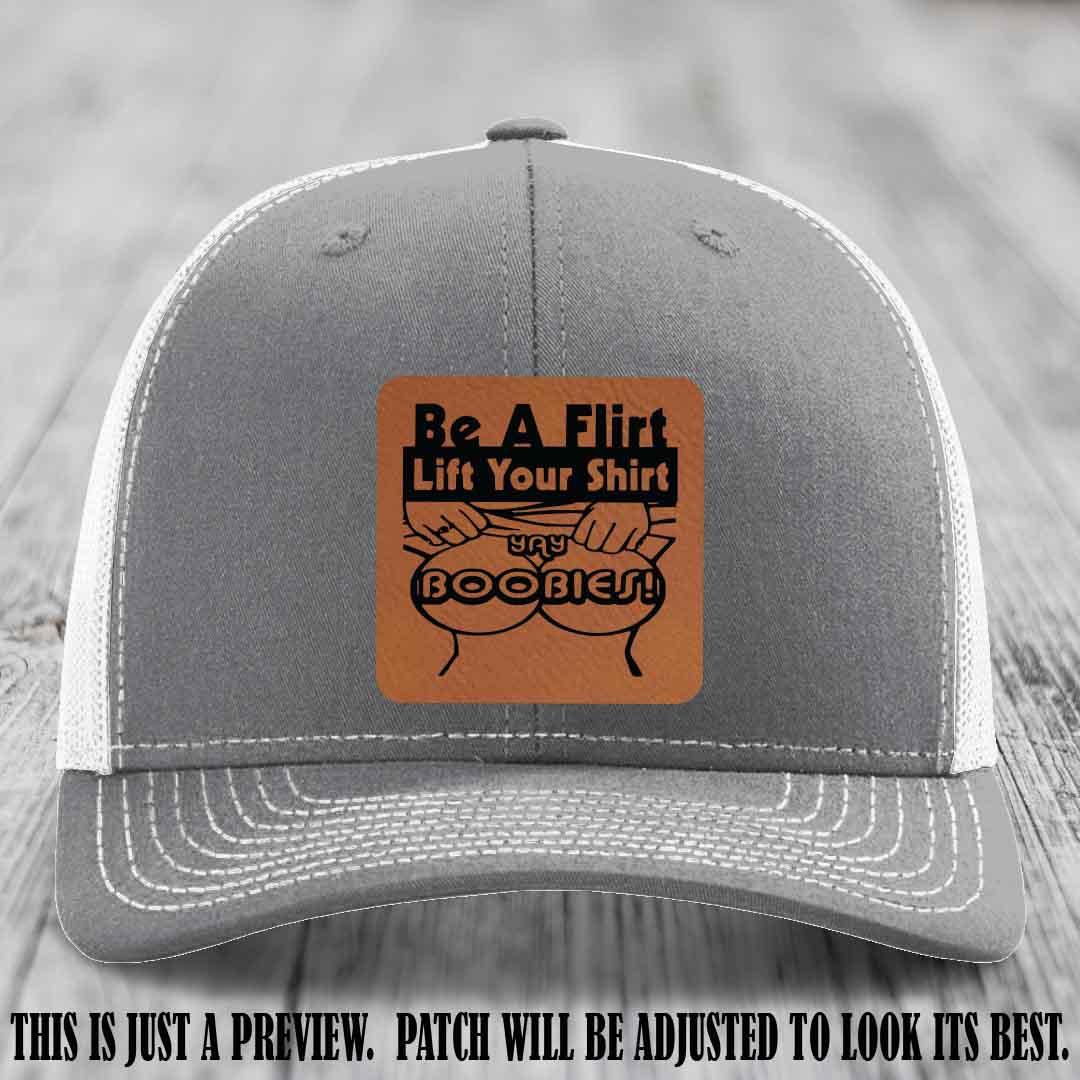 Be A Flirt Lift Your Shirt 🍈🍈 Richardson 112 Leather Patch Hat Rawhide to Black on Heather Grey to White Hat