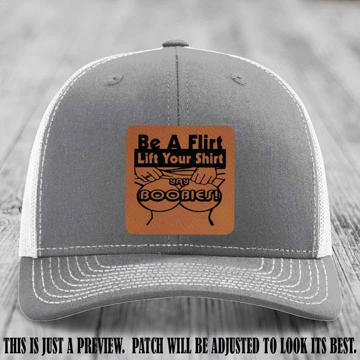 Be A Flirt Lift Your Shirt 🍈🍈 Richardson 112 Leather Patch Hat Rawhide to Black on Heather Grey to White Hat