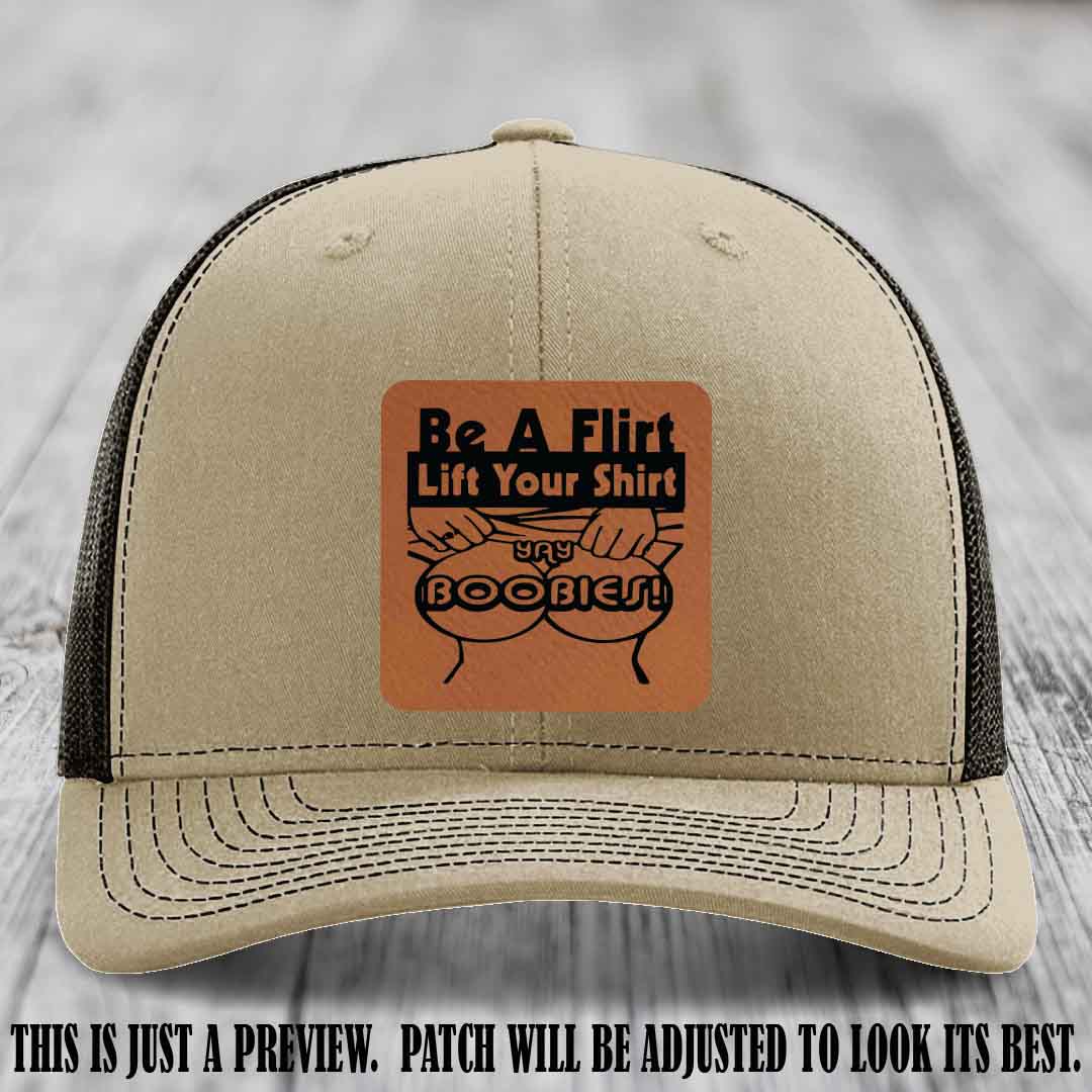 Be A Flirt Lift Your Shirt 🍈🍈 Richardson 112 Leather Patch Hat Rawhide to Black on Khaki to Coffee Hat