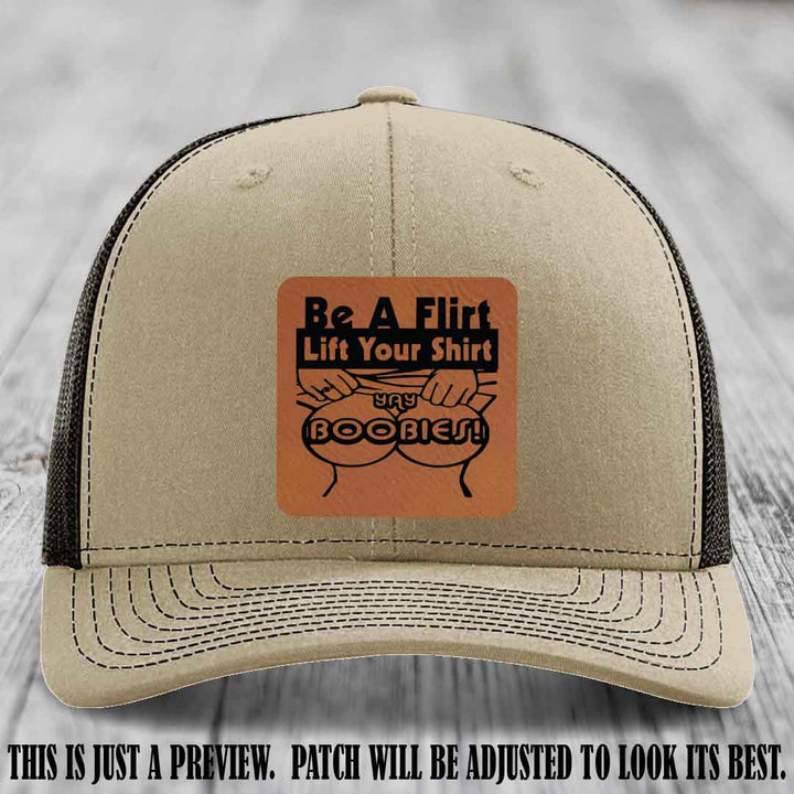 Be A Flirt Lift Your Shirt 🍈🍈 Richardson 112 Leather Patch Hat Rawhide to Black on Khaki to Coffee Hat